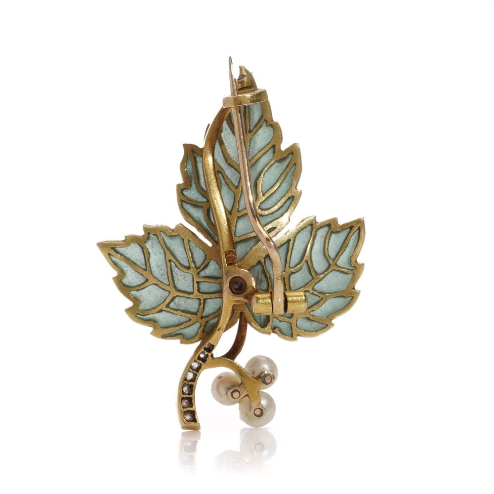 Green plique-a-jour enamel gold leaf brooch with diamonds and pearls.