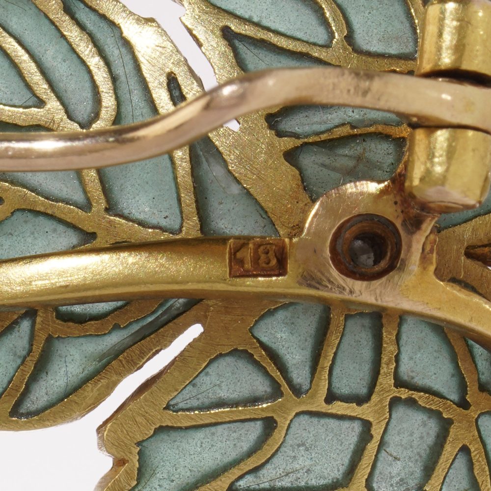 Green plique-a-jour enamel gold leaf brooch with diamonds and pearls.