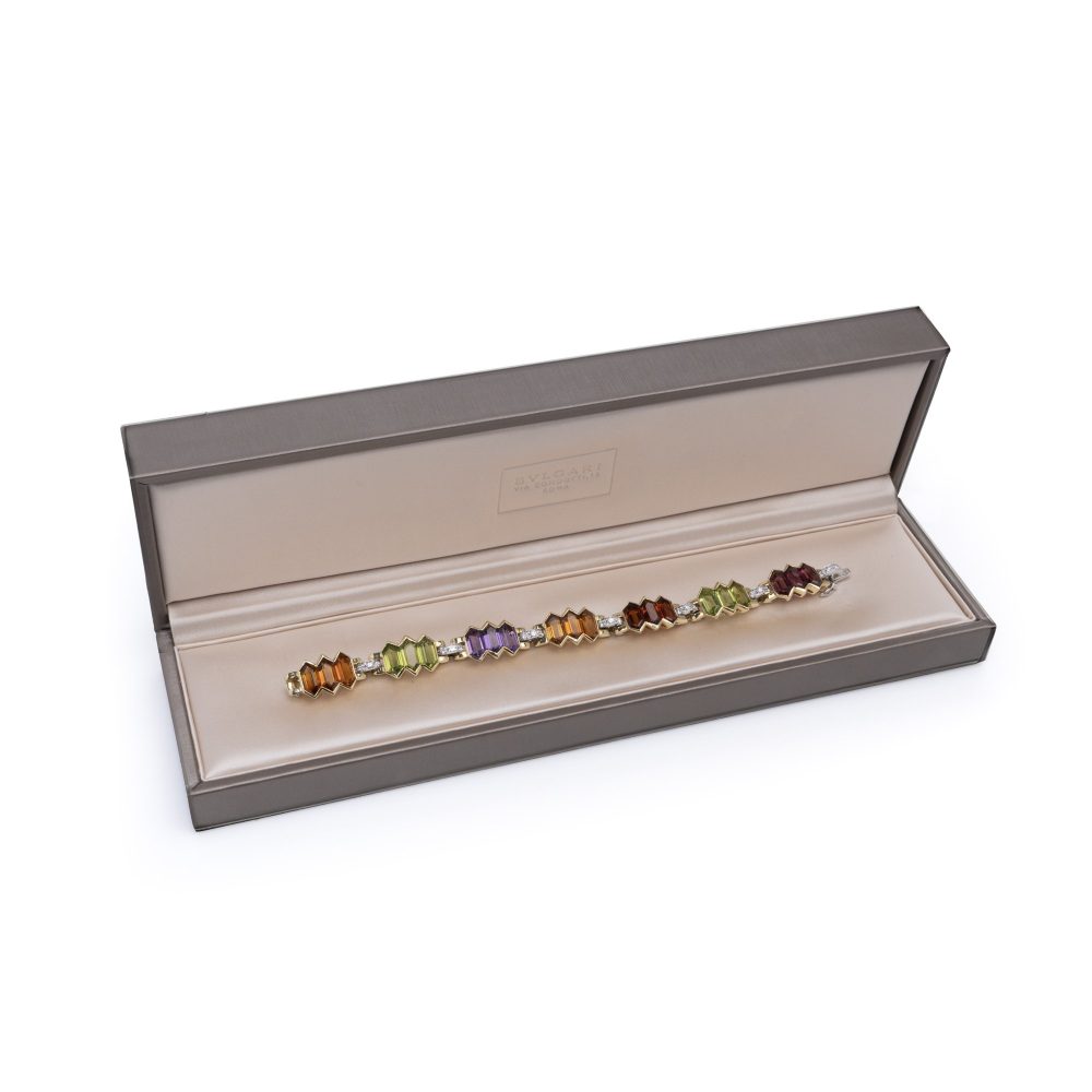 Bulgari 18 Carat Gold Bracelet With Multicoloured Gemstones and Diamonds