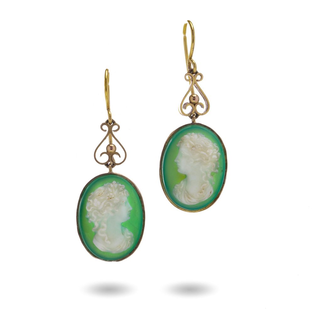 Victorian Green Agate Brooch and Earrings Cameo Suite