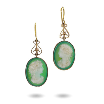 Victorian Green Agate Brooch and Earrings Cameo Suite