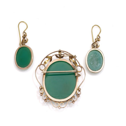 Victorian Green Agate Brooch and Earrings Cameo Suite