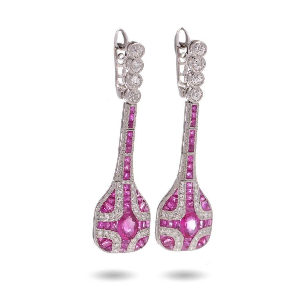 Art Deco Inspired 1.61ct Ruby and 1.50ct Diamond Drop Earrings in Platinum