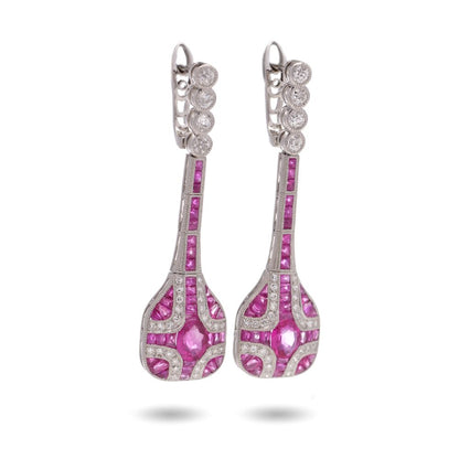 Art Deco Inspired 1.61ct Ruby and 1.50ct Diamond Drop Earrings in Platinum