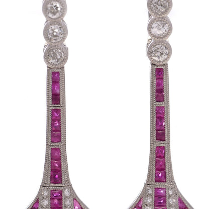Art Deco Inspired 1.61ct Ruby and 1.50ct Diamond Drop Earrings in Platinum