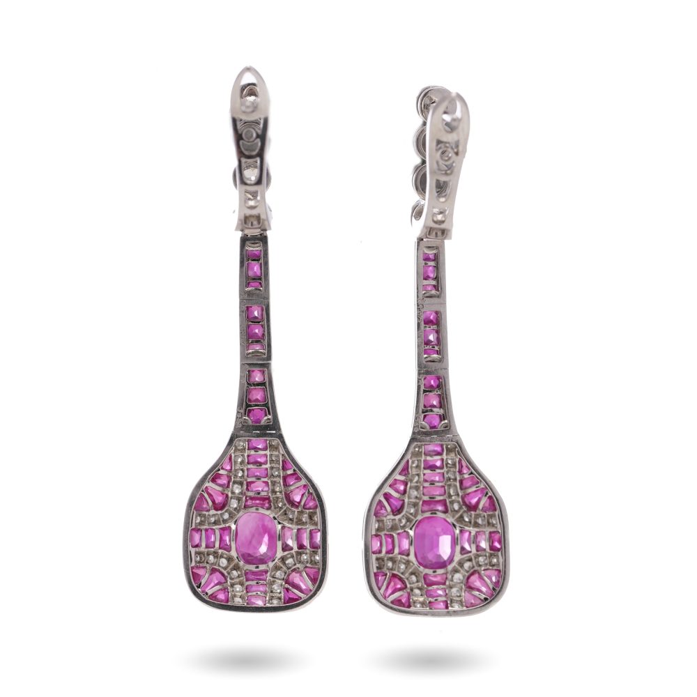 Art Deco Inspired 1.61ct Ruby and 1.50ct Diamond Drop Earrings in Platinum