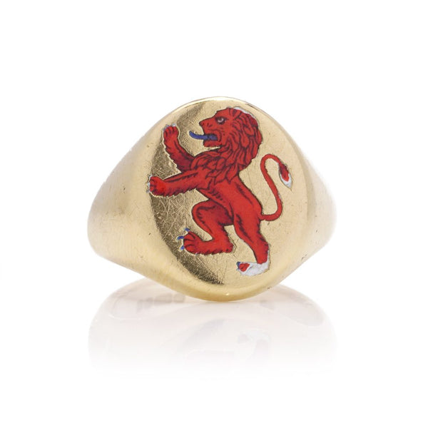 Vintage 18ct Gold Signet Ring with Red Enamel Lion