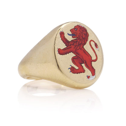 Vintage 18ct Gold Signet Ring with Red Enamel Lion