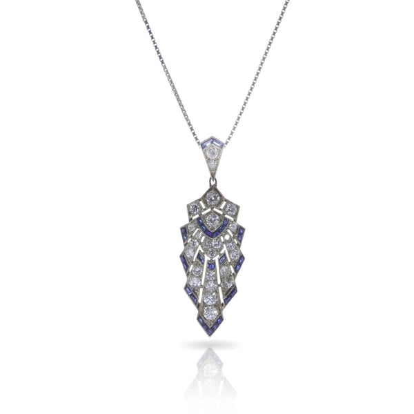 Art Deco Sapphire and Old Cut Diamond Pendant Necklace