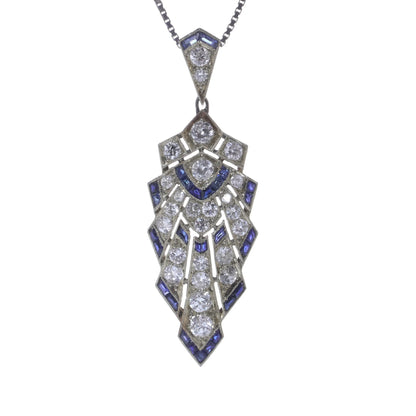 Art Deco Sapphire and Old Cut Diamond Pendant Necklace