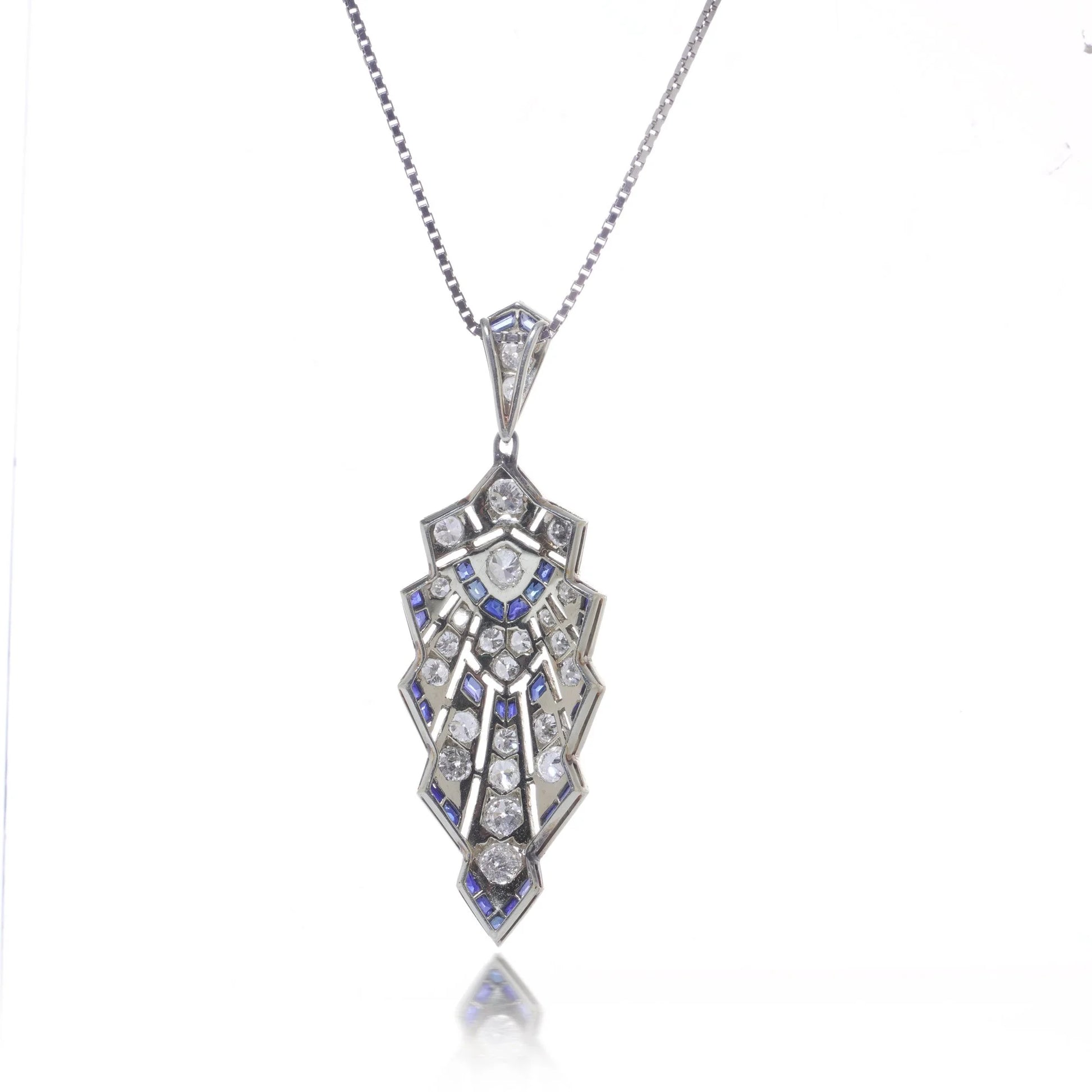 Art Deco Sapphire and Old Cut Diamond Pendant Necklace