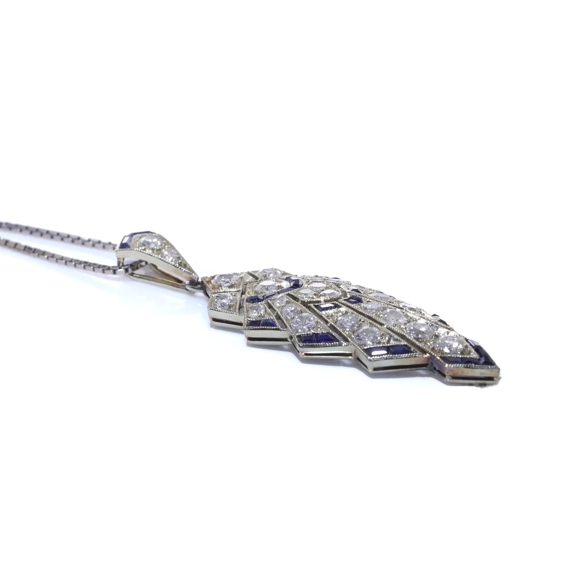 Art Deco Sapphire and Old Cut Diamond Pendant Necklace