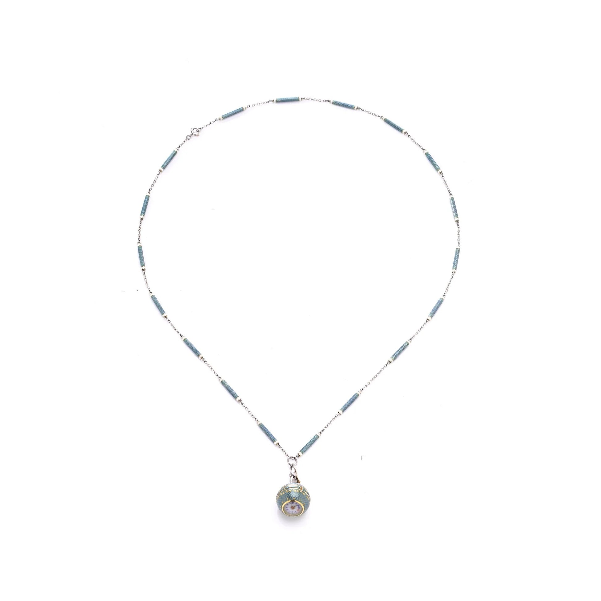 Art Deco Platinum And Enamel Pendant Watch Necklace