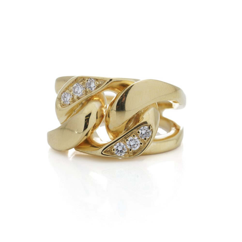 Curb link band ring 18 ct gold set with diamonds.