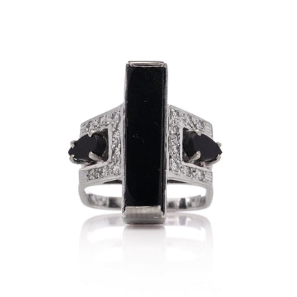 Vintage Alan Martin Gard Onyx and Diamond Ring in 18ct White Gold