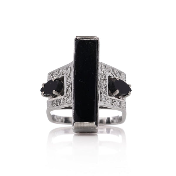 Vintage Alan Martin Gard Onyx and Diamond Ring in 18ct White Gold