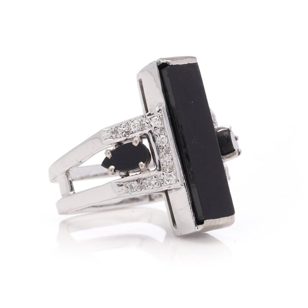 Vintage Alan Martin Gard Onyx and Diamond Ring in 18ct White Gold