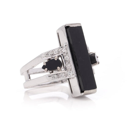 Vintage Alan Martin Gard Onyx and Diamond Ring in 18ct White Gold