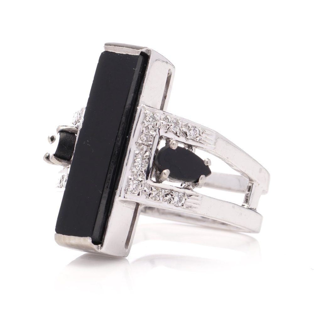 Vintage Alan Martin Gard Onyx and Diamond Ring in 18ct White Gold