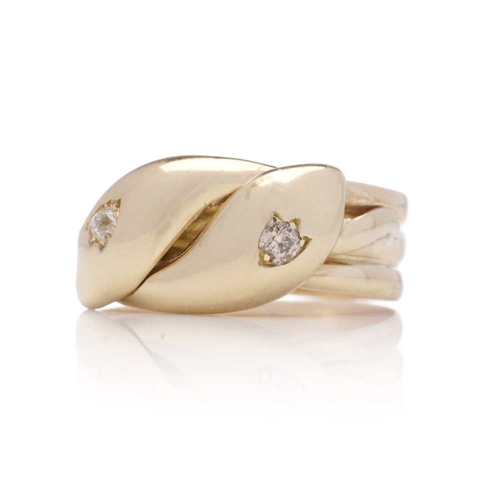 Antique Men's Coiled Snake Ring In 18 Carat Yellow Gold Set With Two Old Cut Diamonds