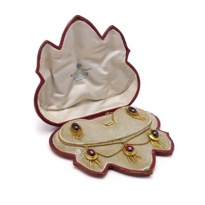 Early Victorian Antique Etruscan Revival Garnet and 20ct Gold Necklace and Earrings Jewellery Suite