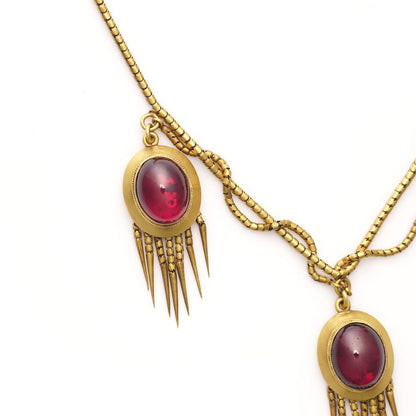 Early Victorian Antique Etruscan Revival Garnet and 20ct Gold Necklace and Earrings Jewellery Suite
