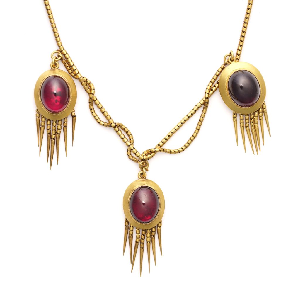 Early Victorian Antique Etruscan Revival Garnet and 20ct Gold Necklace and Earrings Jewellery Suite