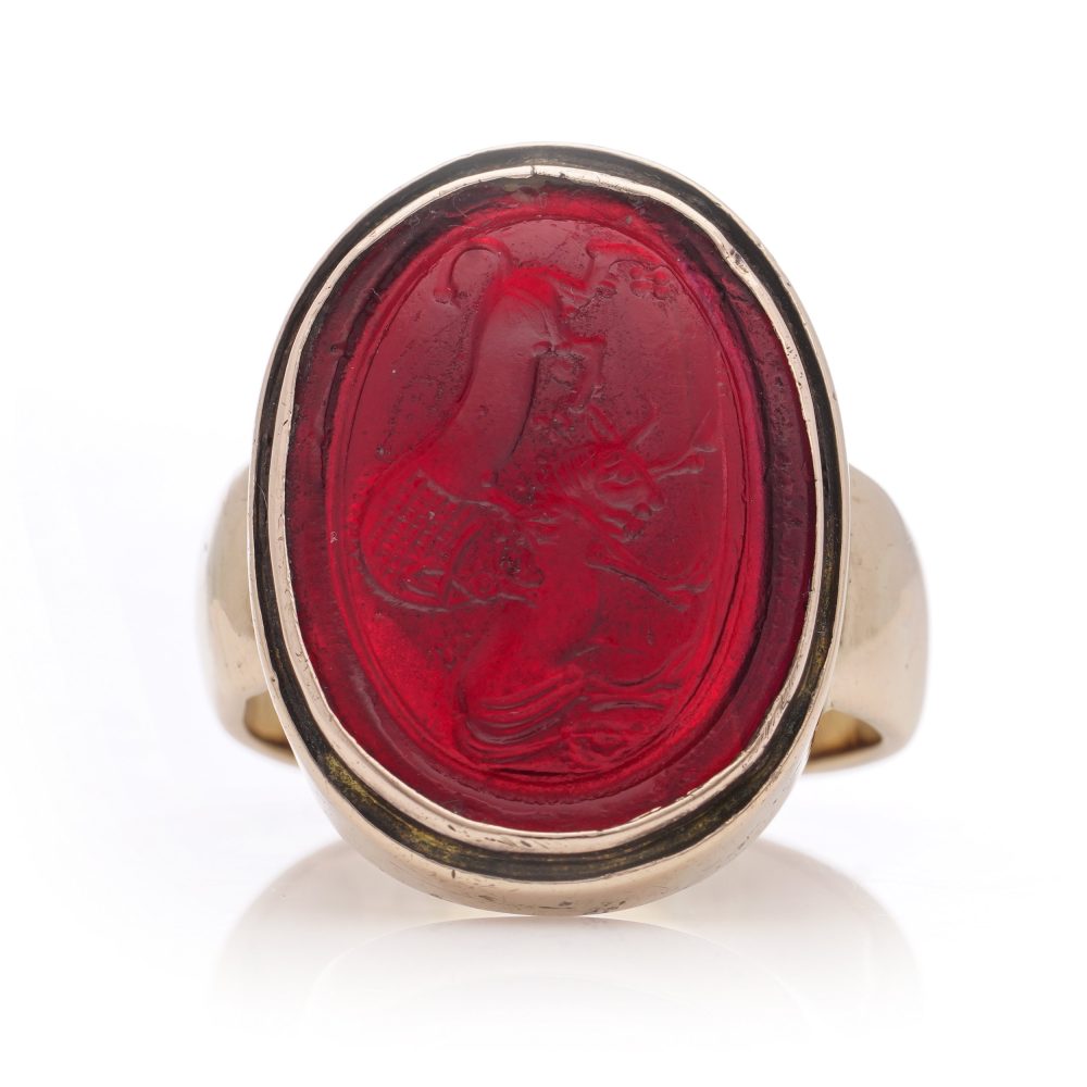 Antique 14 carat rose gold red pique glass intaglio ring.