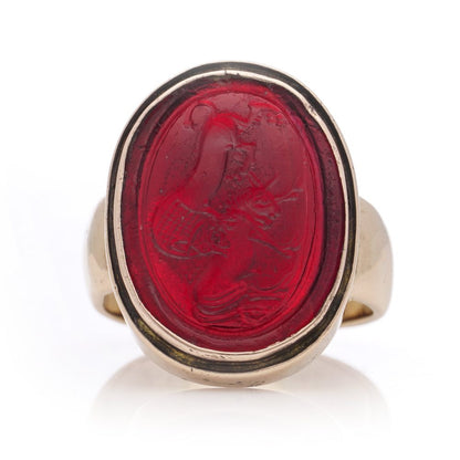 Antique 14 carat rose gold red pique glass intaglio ring.