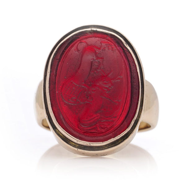 Antique 14 carat rose gold red pique glass intaglio ring.