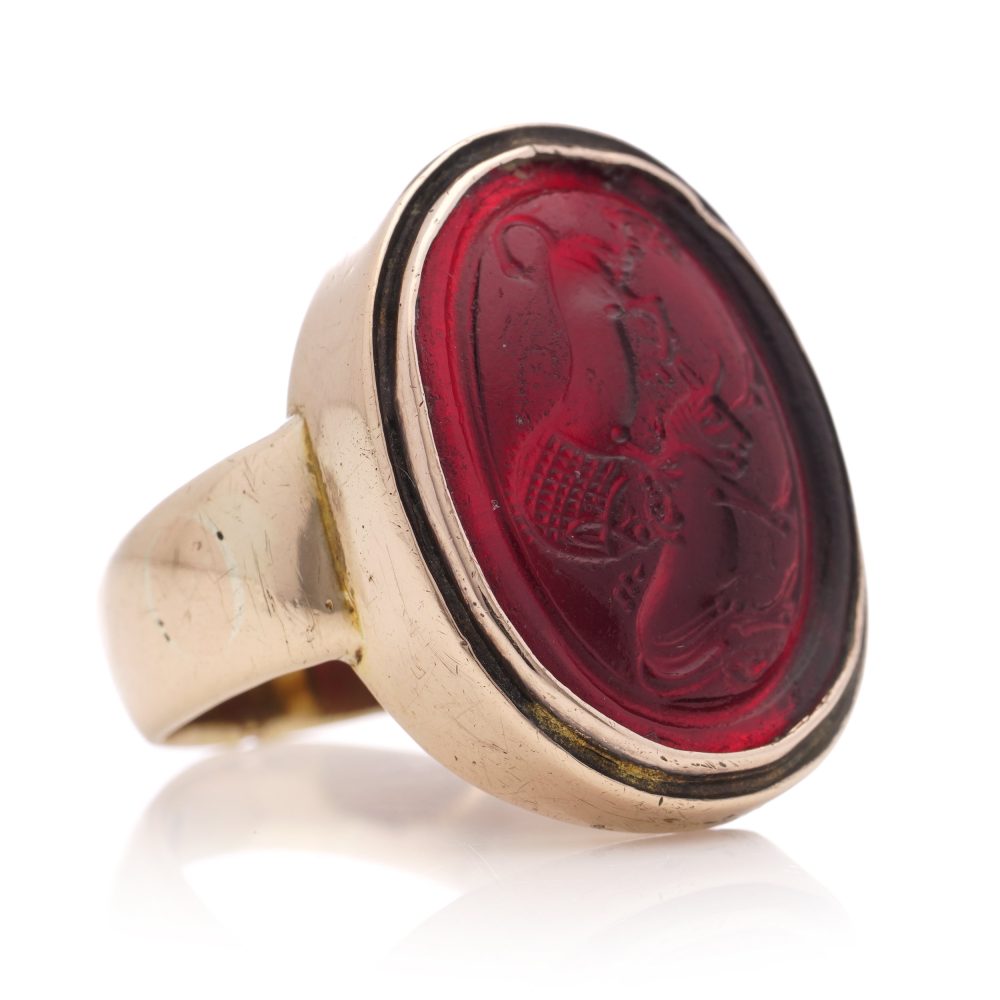 Antique 14 carat rose gold red pique glass intaglio ring.
