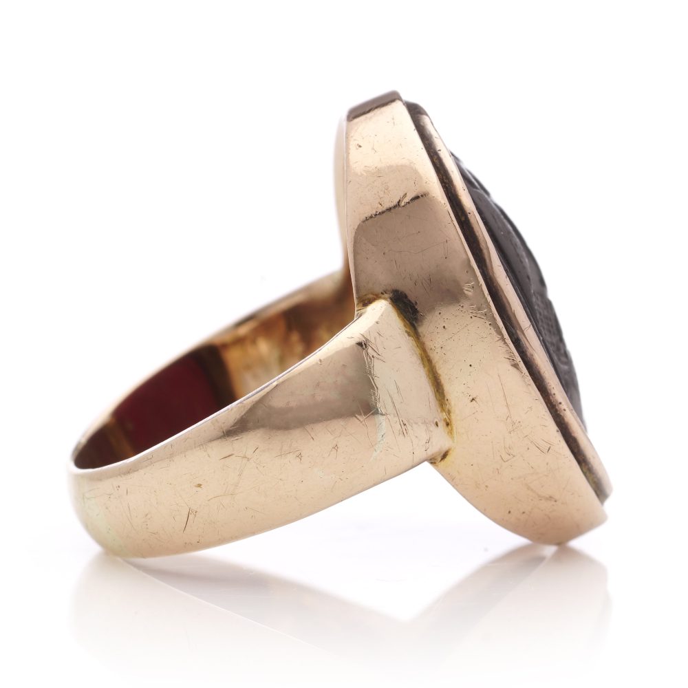 Antique 14 carat rose gold red pique glass intaglio ring.