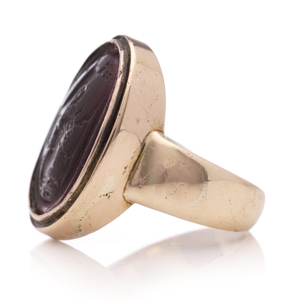 Antique 14 carat rose gold red pique glass intaglio ring.
