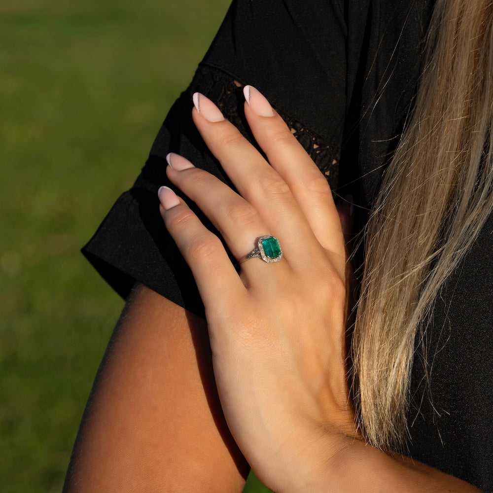 Art Deco Colombian Emerald and Diamond Cluster Engagement Ring
