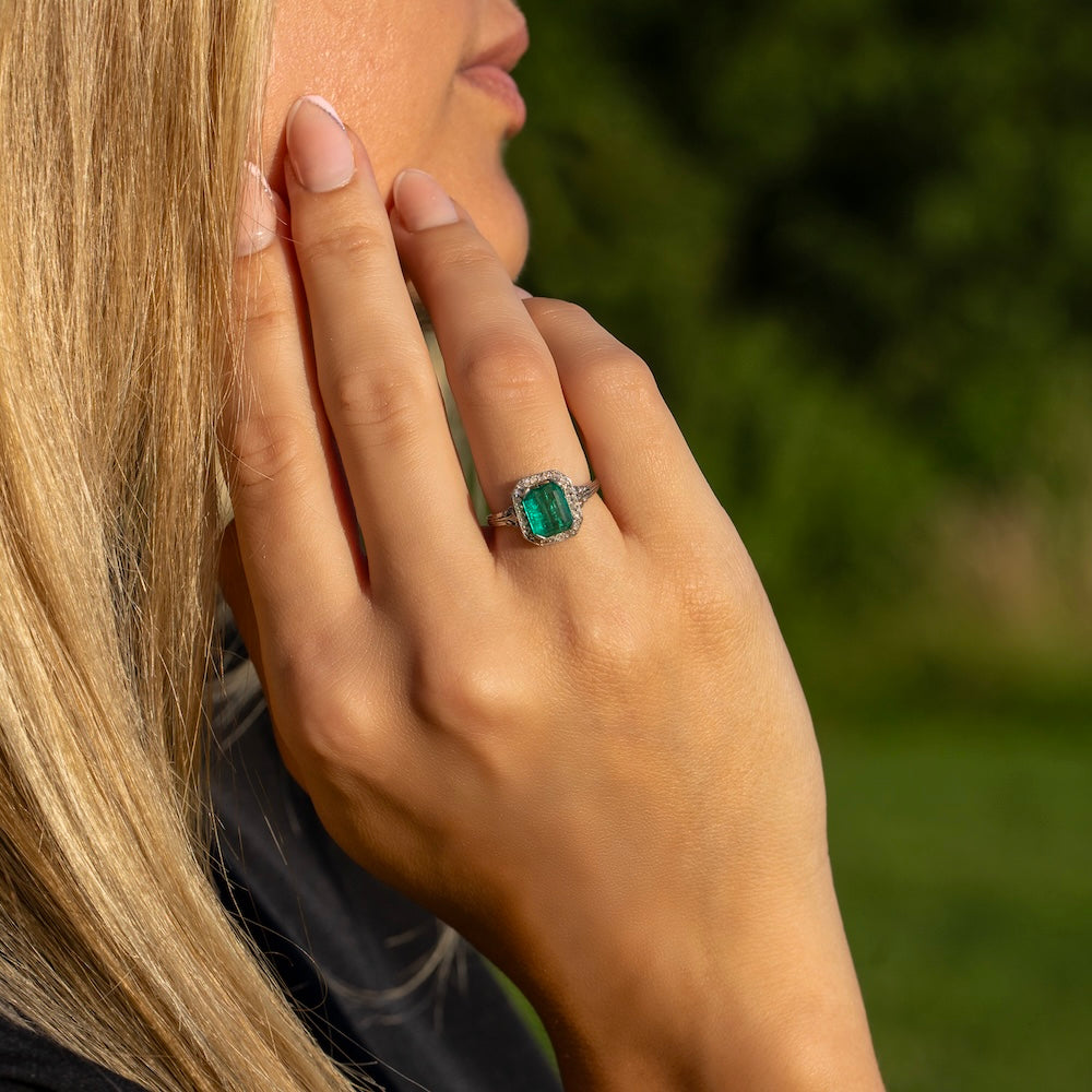 Art Deco Colombian Emerald and Diamond Cluster Engagement Ring