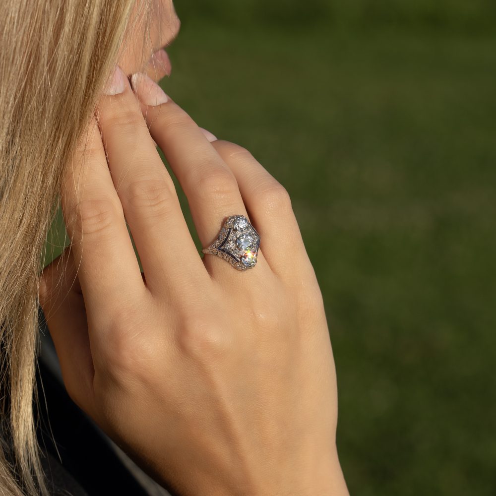 Art Deco Edwardian Diamond And Sapphire Dinner Ring, North to South