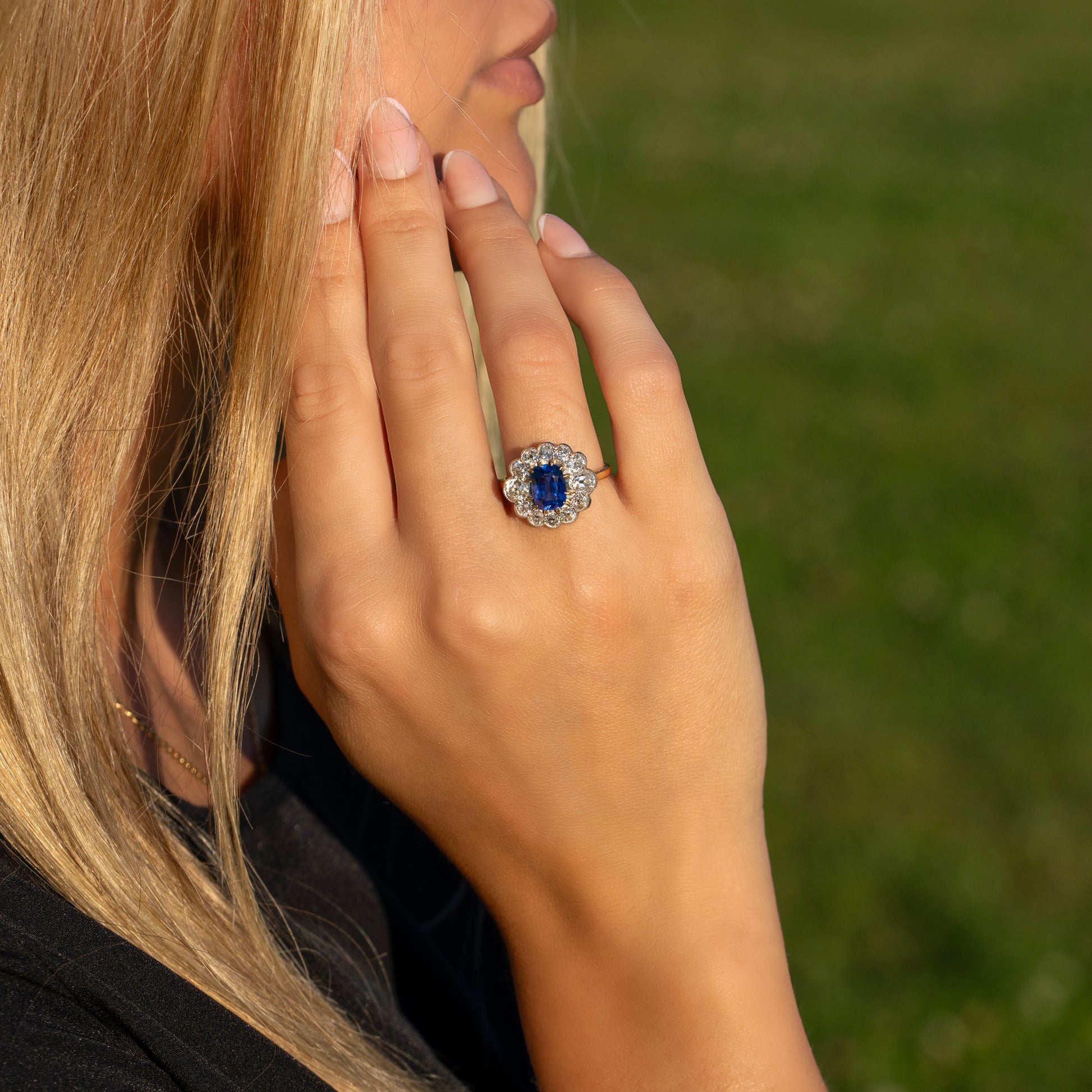 Antique Art Deco 2ct Royal Blue Burma Sapphire and Diamond Cluster Ring, No Heat