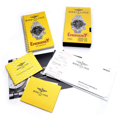 Breitling Emergency 43mm Titanium Quartz Watch Full Set with Box and Papers and service history from 1998. Titanium Case Yellow Dial Emergency Transmitter Original Breitling Briefcase marked "For Aeronautical Use Only." All Original Manuals and Documentation Emergency Information booklet Warranty User Manual