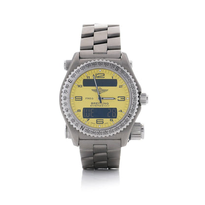 Vintage Breitling Emergency 43mm Titanium Quartz Watch Full Set with Box and Papers and service history from 1998. Titanium Case Yellow Dial Emergency Transmitter