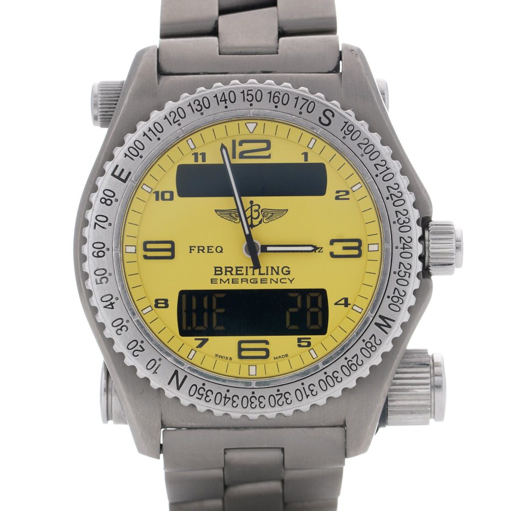 Vintage Breitling Emergency 43mm Titanium Quartz Watch Full Set with Box and Papers and service history from 1998. Titanium Case Yellow Dial Emergency Transmitter