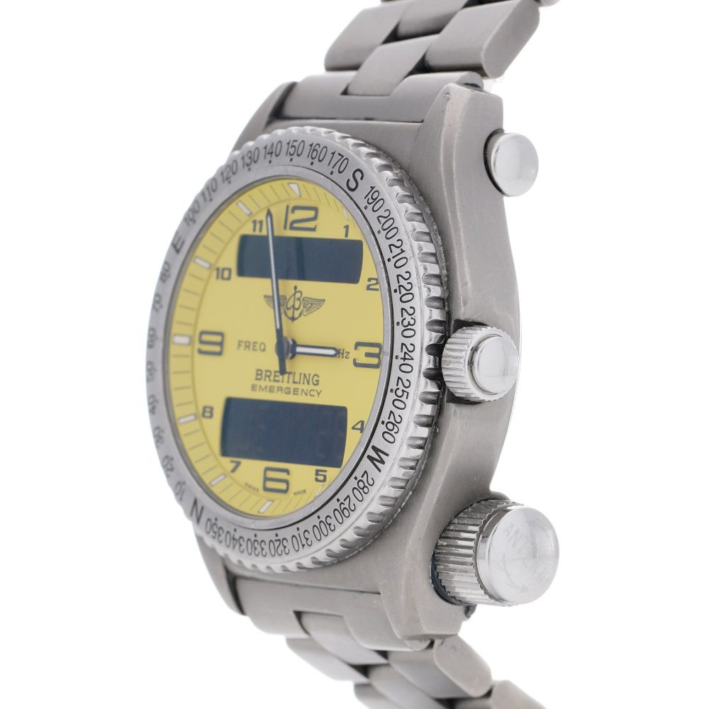 Vintage Breitling Emergency 43mm Titanium Quartz Watch Full Set with Box and Papers and service history from 1998. Titanium Case Yellow Dial Emergency Transmitter