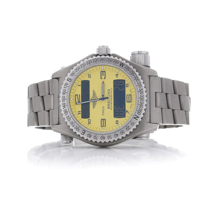 Vintage Breitling Emergency 43mm Titanium Quartz Watch Full Set with Box and Papers and service history from 1998. Titanium Case Yellow Dial Emergency Transmitter