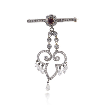 Antique gold bar brooch and pendant set with ruby and diamonds. Circa 1900's.