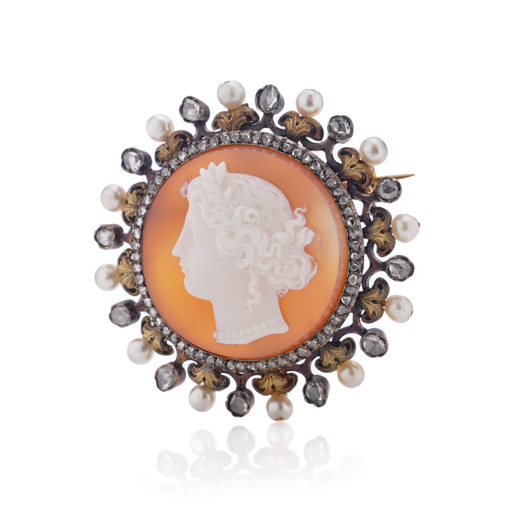 Victorian carnelian cameo diamond and pearl brooch in 18 carat gold.