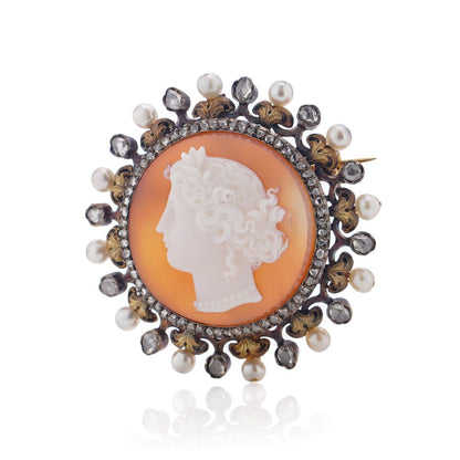 Victorian carnelian cameo diamond and pearl brooch in 18 carat gold.