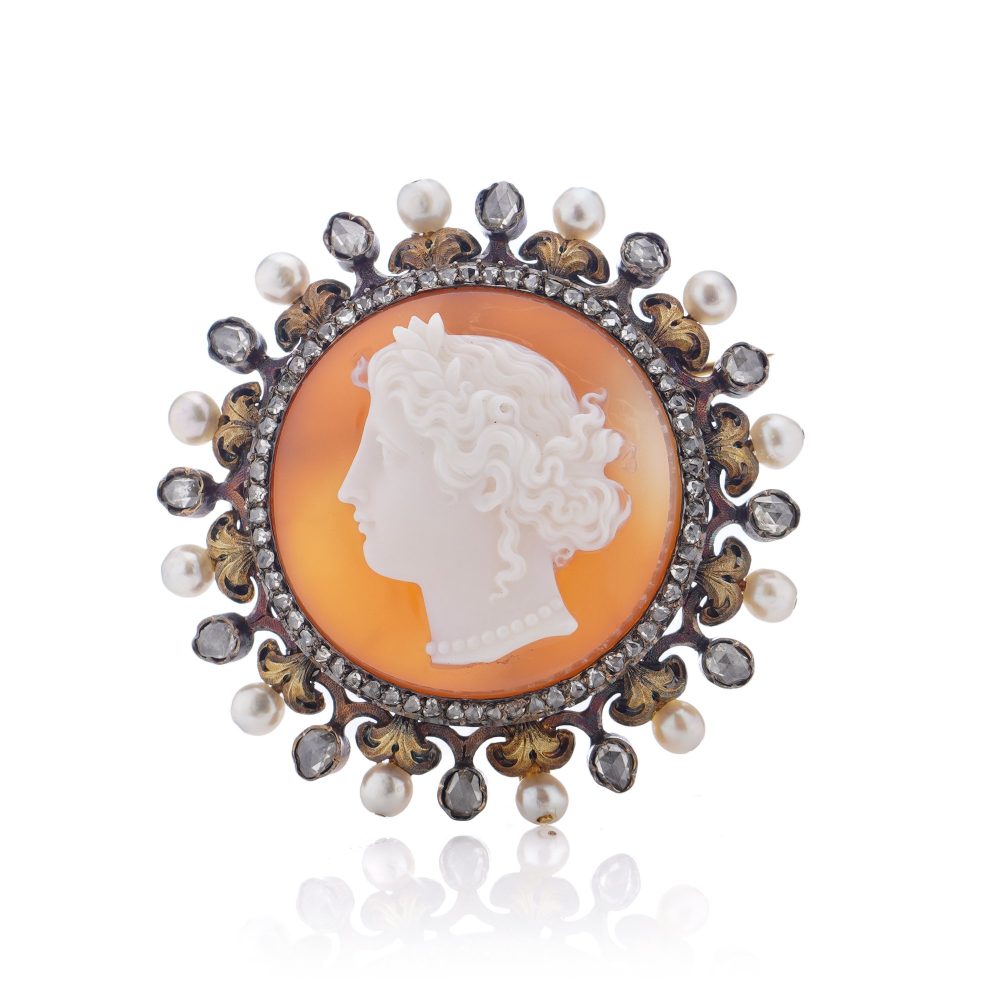 Victorian carnelian cameo diamond and pearl brooch in 18 carat gold.