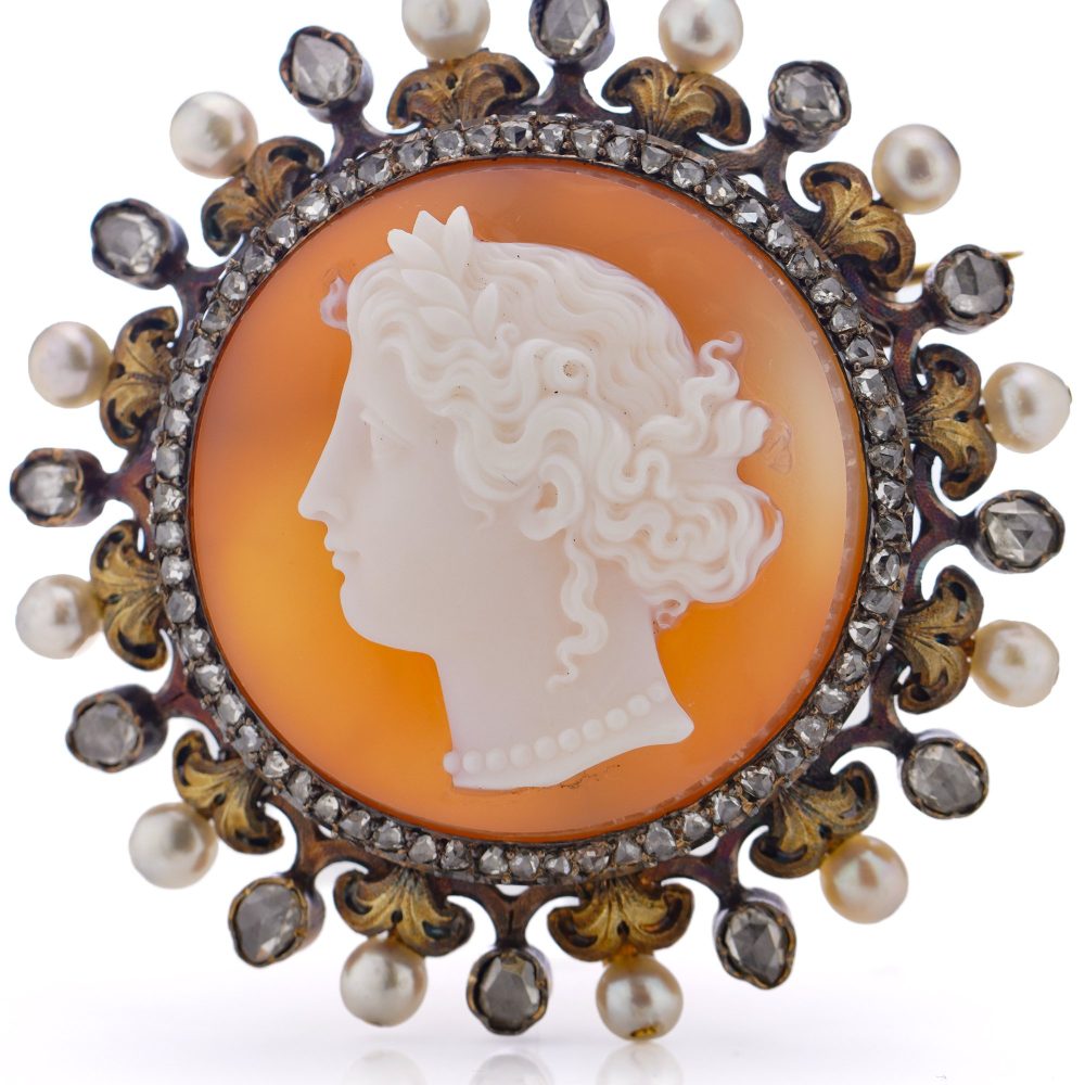 Victorian carnelian cameo diamond and pearl brooch in 18 carat gold.