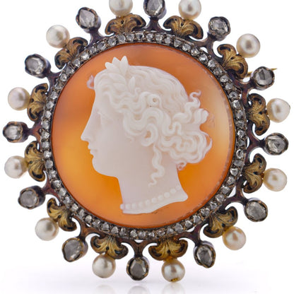 Victorian carnelian cameo diamond and pearl brooch in 18 carat gold.