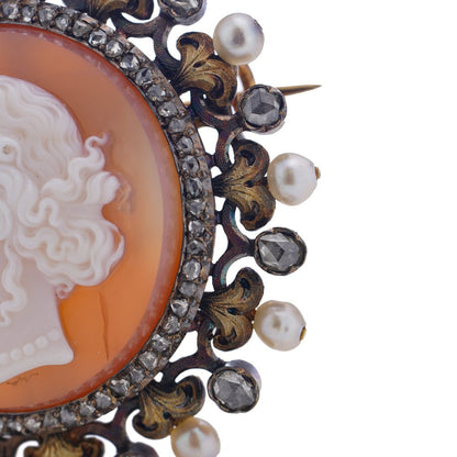 Victorian carnelian cameo diamond and pearl brooch in 18 carat gold.