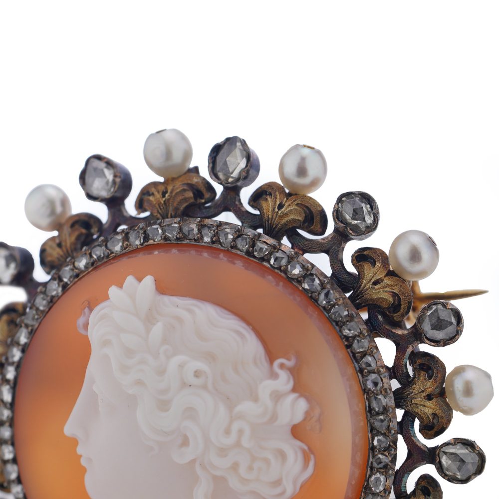 Victorian carnelian cameo diamond and pearl brooch in 18 carat gold.